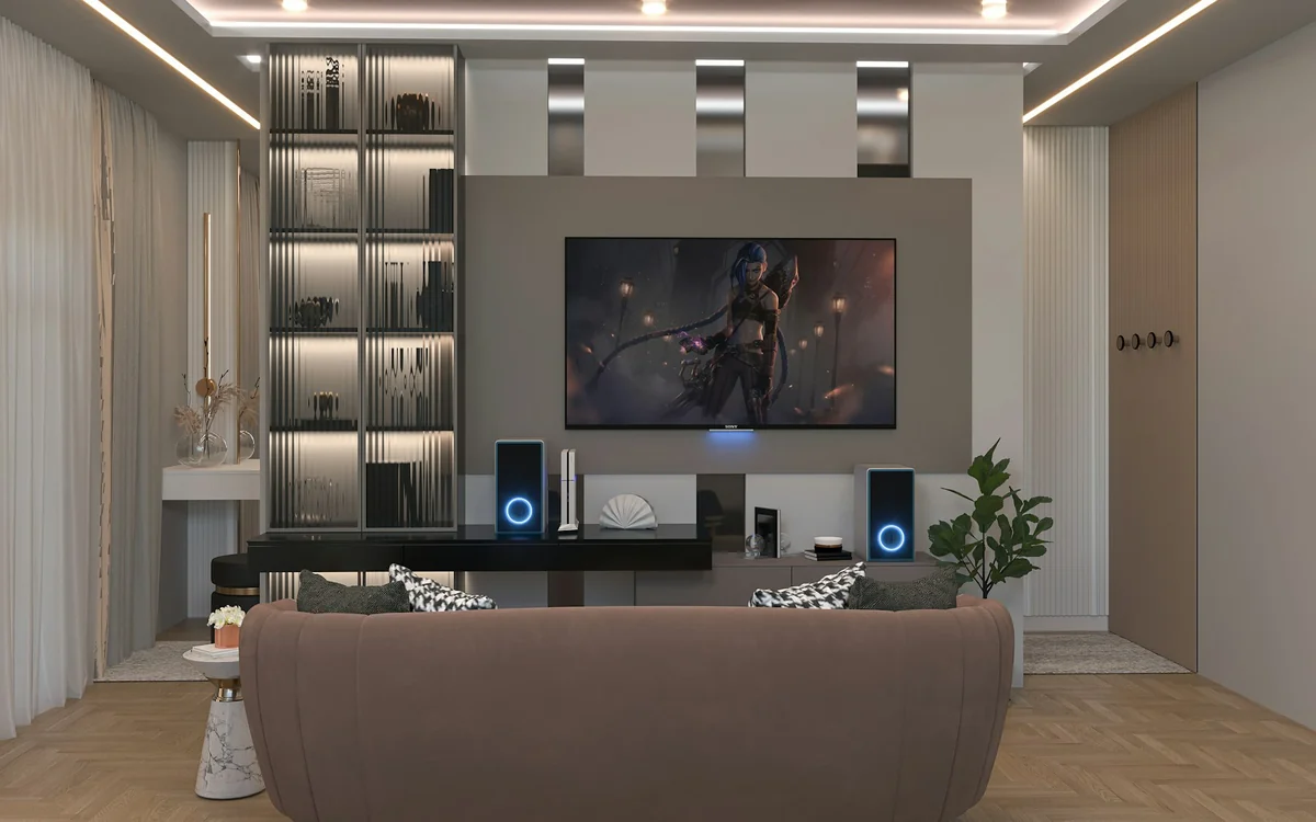 Dedicated media room with a large projection screen, low ambient light, and comfortable seating