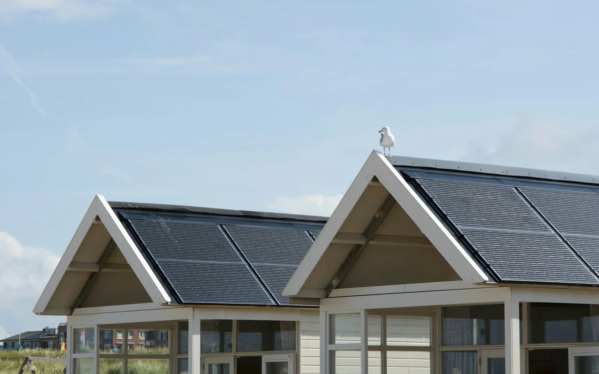 Energy-efficient home with rooftop solar panels and a high-performance building envelope