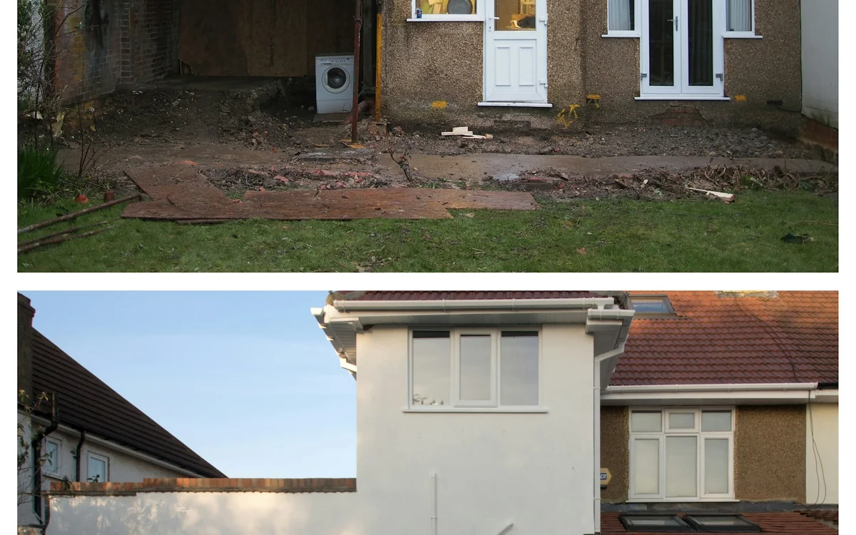 Before-and-after view of a house renovation showing a newly built residential extension
