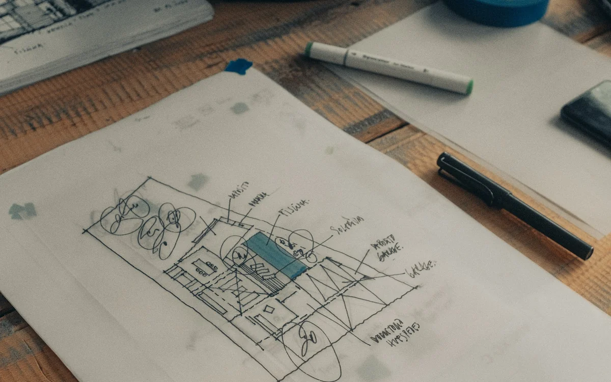 Construction proposal and floor plan marked with notes beside a pen and measuring tools