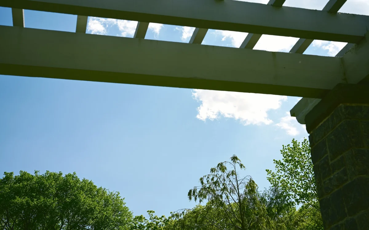 Wood pergola framing a shaded backyard patio beneath a bright sky and mature trees